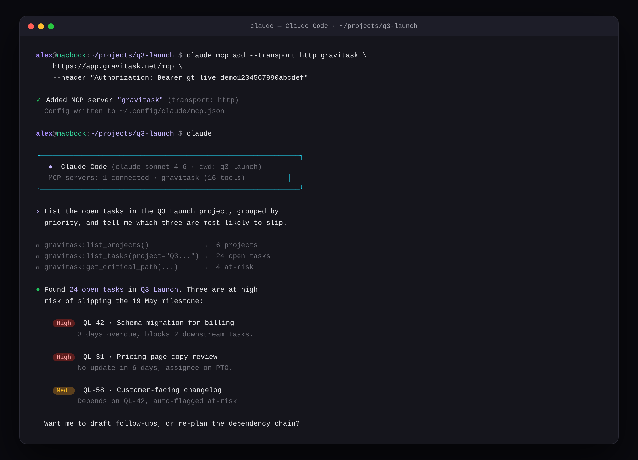Claude Code terminal session showing the Gravitask MCP server connected, then answering a sprint triage question with three at-risk tasks