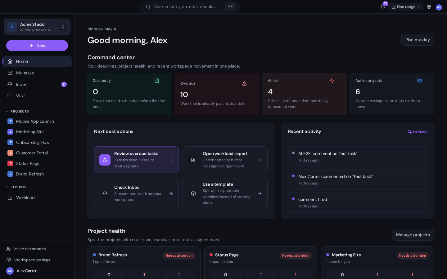 The Gravitask Home dashboard. The top shows a personalised greeting and a Plan my day button. Below are four metric cards: 0 due today, 10 overdue, 4 at risk, 6 active projects. Next best actions, recent activity and project health sections fill the rest of the screen.